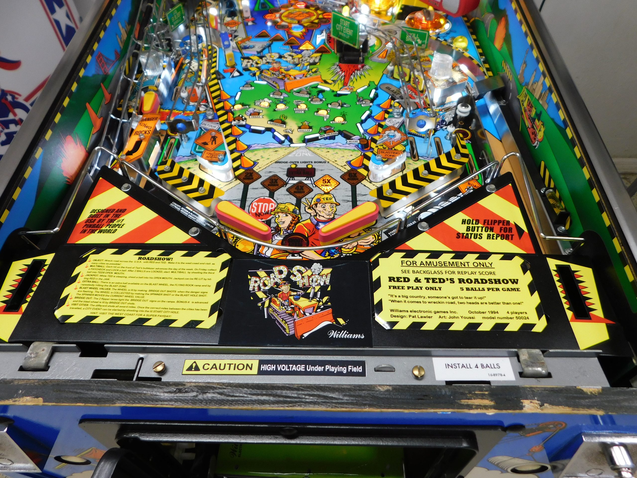 1994 Williams Red & Ted's Road Show (#3) (4 ball Multi-ball) (New Rottendog CPU with NVRAM, side art blade decals added, legs repainted correct blue with 2 part automotive paint, blue leg protectors added, Red & Ted heads were rebuilt and work perfectly) (Plays like new) - Image 31